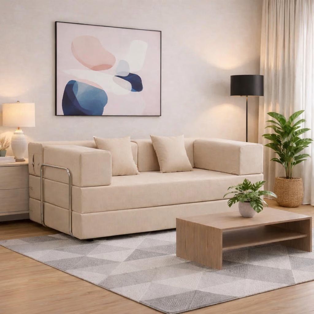 Adorn India Easy Premium Modular 4 Seater Sofa Cum Bed | Velvet Suede Fabric | Colour Beige | Modern Design | Size 6x6 Fit | Comfortable for Seat & Sleep | Washable Cover | Perfect for Home & Office