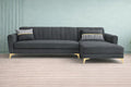 Adorn India Premium Luster 6 Seater L Shape Sofa Set | Velvet Suede Fabric | 3-Year Warranty | RHS |Color Dark Grey with Golden Legs & Striped Pattern Cushion
