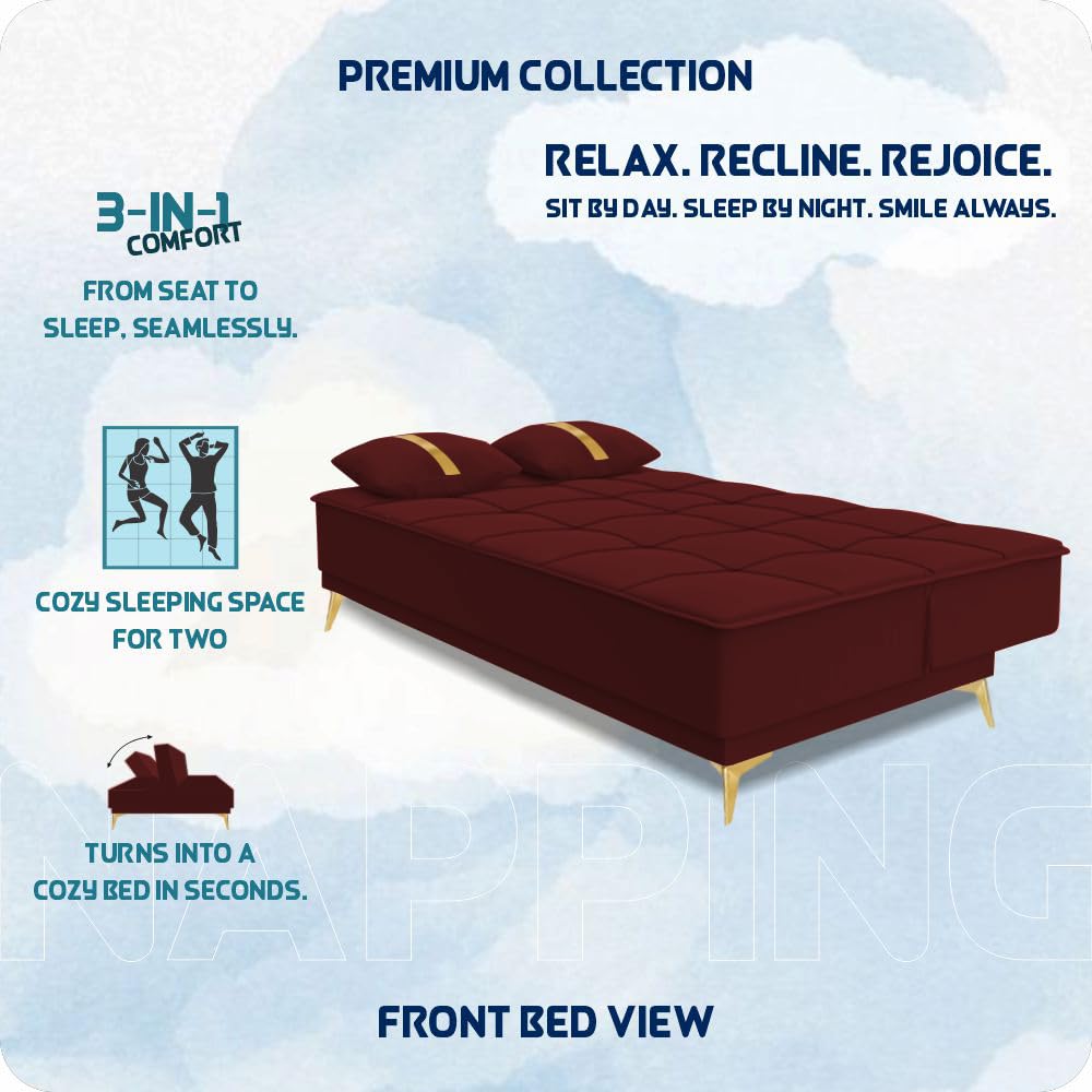 Adorn India Premium New Alyssum 3 Seater Sofa Cum Bed 4X6 Velvet Suede with 2 Cushions (Color Maroon) and Suitable for All Indoor, with 3 Years Warranty