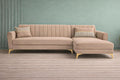 Adorn India Premium Luster 8 Seater L Shape Sofa Set with 2 Puffy & 1 Center Table | Velvet Suede Fabric | 3-Year Warranty | RHS | Beige with Golden Legs & Striped Pattern Cushion