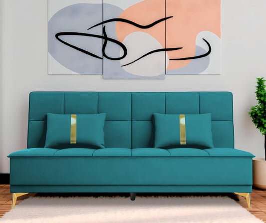 Adorn India Premium New Alyssum 3 Seater Sofa Cum Bed 4X6 Velvet Suede with 2 Cushions (Color Aqua Blue) and Suitable for All Indoor, with 3 Years Warranty