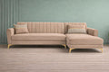 Adorn India Premium Luster 6 Seater L Shape Sofa Set | Velvet Suede Fabric | 3-Year Warranty | RHS |Color Beige with Golden Legs & Striped Pattern Cushion