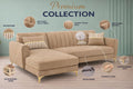 Adorn India Premium Luster 6 Seater L Shape Sofa Set | Velvet Suede Fabric | 3-Year Warranty | LHS |Color Camel with Golden Legs & Striped Pattern Cushion