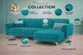 Adorn India Premium Luster 6 Seater L Shape Sofa Set | Velvet Suede Fabric | 3-Year Warranty | RHS |Color Aqua Blue with Golden Legs & Striped Pattern Cushion