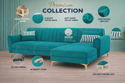 Adorn India Premium Luster 6 Seater L Shape Sofa Set | Velvet Suede Fabric | 3-Year Warranty | RHS |Color Aqua Blue with Golden Legs & Striped Pattern Cushion