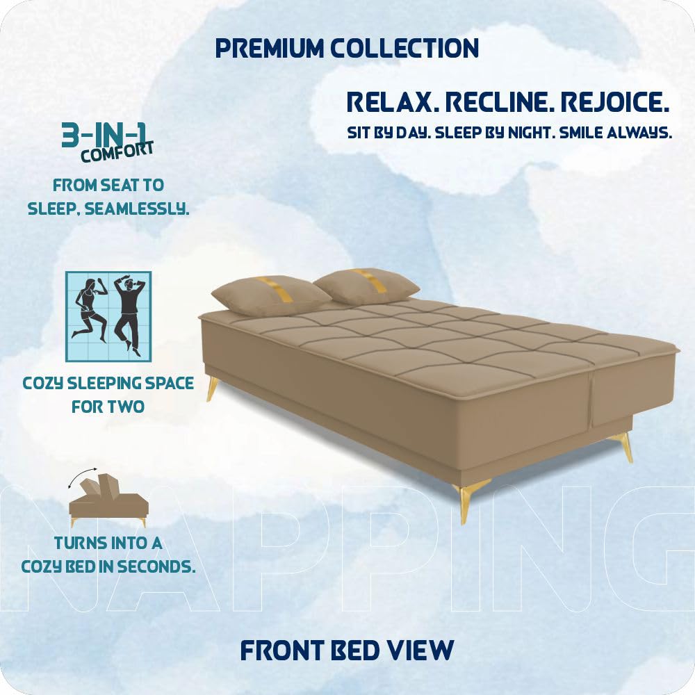 Adorn India Premium New Alyssum 3 Seater Sofa Cum Bed 4X6 Velvet Suede with 2 Cushions (Color Beige) and Suitable for All Indoor, with 3 Years Warranty