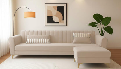 Adorn India Premium Luster 4 Seater L Shape Sofa Set | Velvet Suede Fabric | 3-Year Warranty | Color Cream with Golden Legs & Striped Pattern Cushion