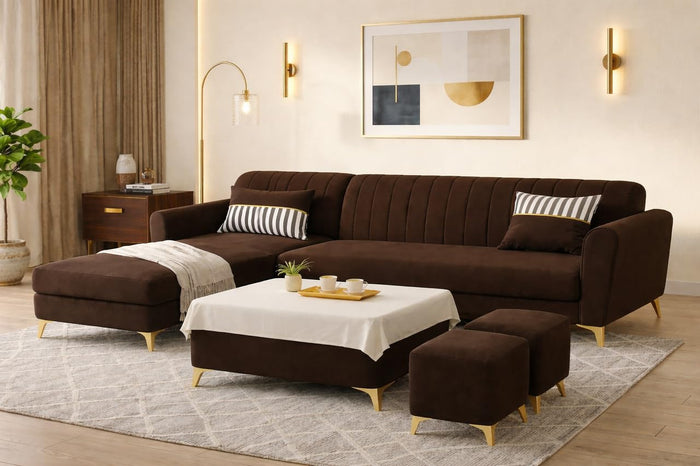 Adorn India Premium Luster 8 Seater L Shape Sofa Set with 2 Puffy & 1 Center Table | Velvet Suede Fabric | 3-Year Warranty | LHS | Brown with Golden Legs & Striped Pattern Cushion
