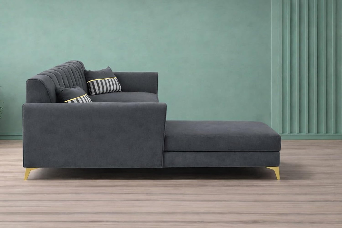 Adorn India Premium Luster 6 Seater L Shape Sofa Set | Velvet Suede Fabric | 3-Year Warranty | LHS |Color Dark Grey with Golden Legs & Striped Pattern Cushion