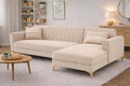 Adorn India Premium Luster 6 Seater L Shape Sofa Set | Velvet Suede Fabric | 3-Year Warranty | RHS |Color Cream with Golden Legs & Striped Pattern Cushion
