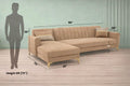 Adorn India Premium Luster 8 Seater L Shape Sofa Set with 2 Puffy & 1 Center Table | Velvet Suede Fabric | 3-Year Warranty | LHS | Camel with Golden Legs & Striped Pattern Cushion