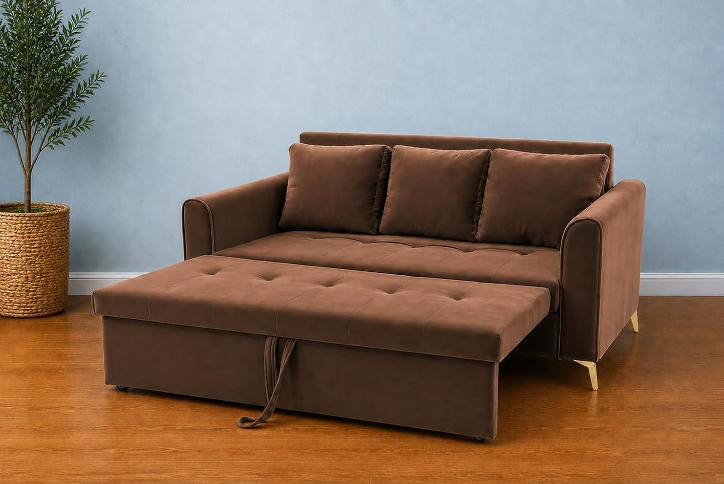 Adorn India Premium Mystic - 3 Years Warranty - 3 Seater Sofa Cum Bed Velvet Suede Fabric - Brown