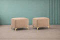Adorn India Premium Luster 8 Seater L Shape Sofa Set with 2 Puffy & 1 Center Table | Velvet Suede Fabric | 3-Year Warranty | LHS | Beige with Golden Legs & Striped Pattern Cushion
