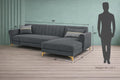 Adorn India Premium Luster 6 Seater L Shape Sofa Set | Velvet Suede Fabric | 3-Year Warranty | RHS |Color Dark Grey with Golden Legs & Striped Pattern Cushion