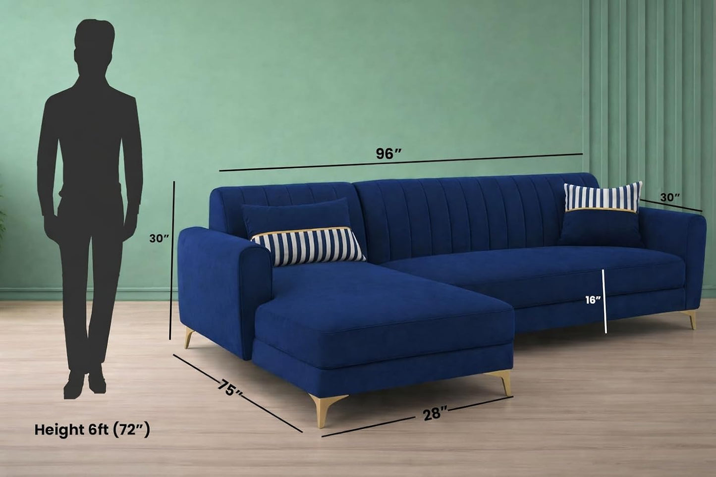 Adorn India Premium Luster 6 Seater L Shape Sofa Set | Velvet Suede Fabric | 3-Year Warranty | LHS |Color Blue with Golden Legs & Striped Pattern Cushion