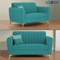 Adorn India Premium Luster 3-2-1 Sofa Set | Velvet Suede Fabric | 3-Year Warranty | Color Aqua Blue with Golden Legs & Striped Pattern Cushion