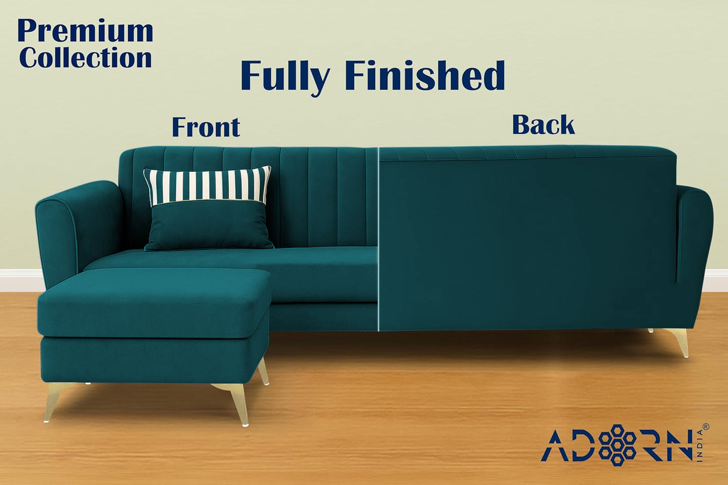 Adorn India Premium Luster 4 Seater L Shape Sofa Set | Velvet Suede Fabric | 3-Year Warranty | Color ocean Blue with Golden Legs & Striped Pattern Cushion