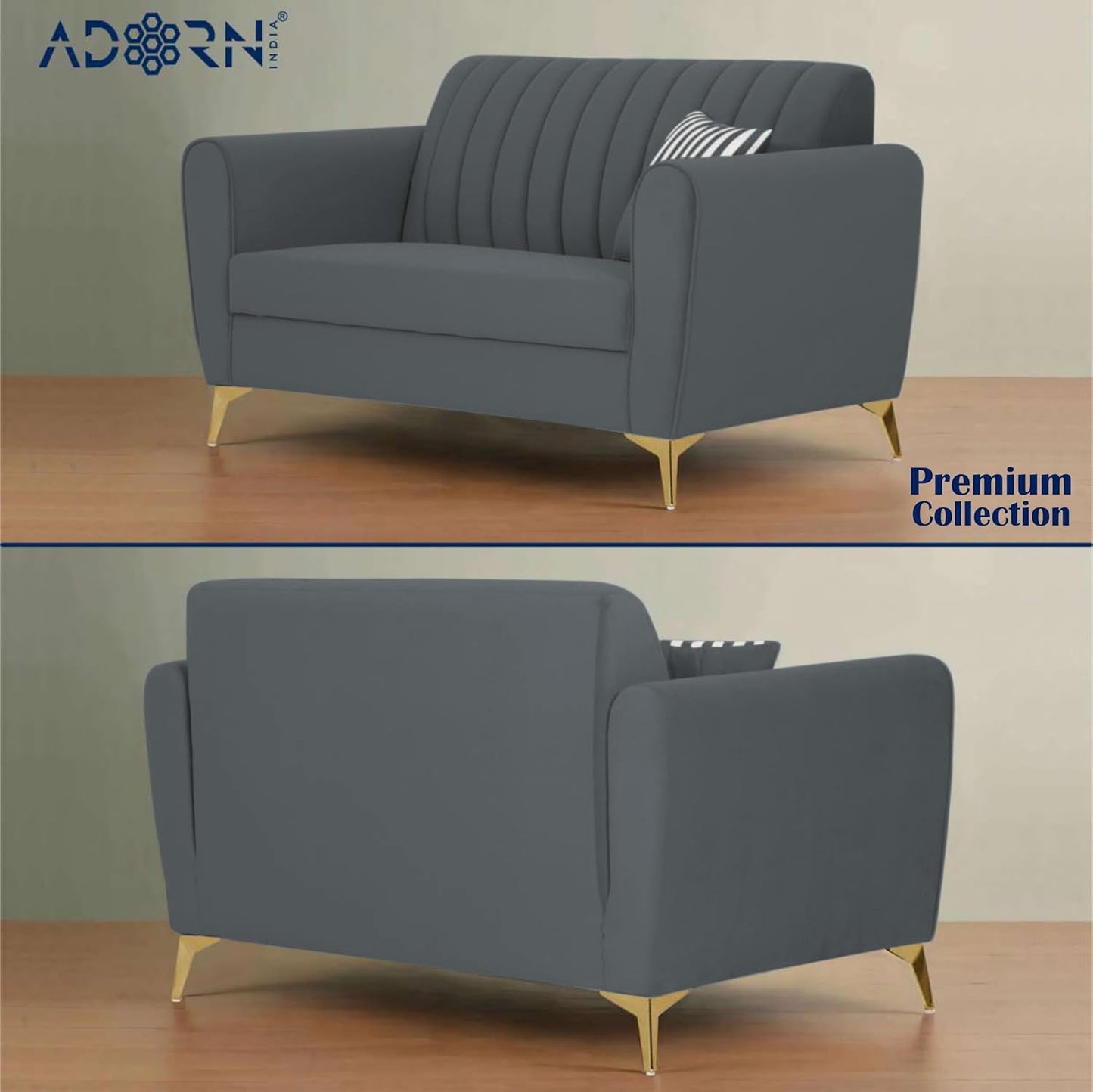 Adorn India Premium Luster 3+2+1 Sofa Set | Velvet Suede Fabric | 3-Year Warranty | Color Dark Grey with Golden Legs & Striped Pattern Cushion