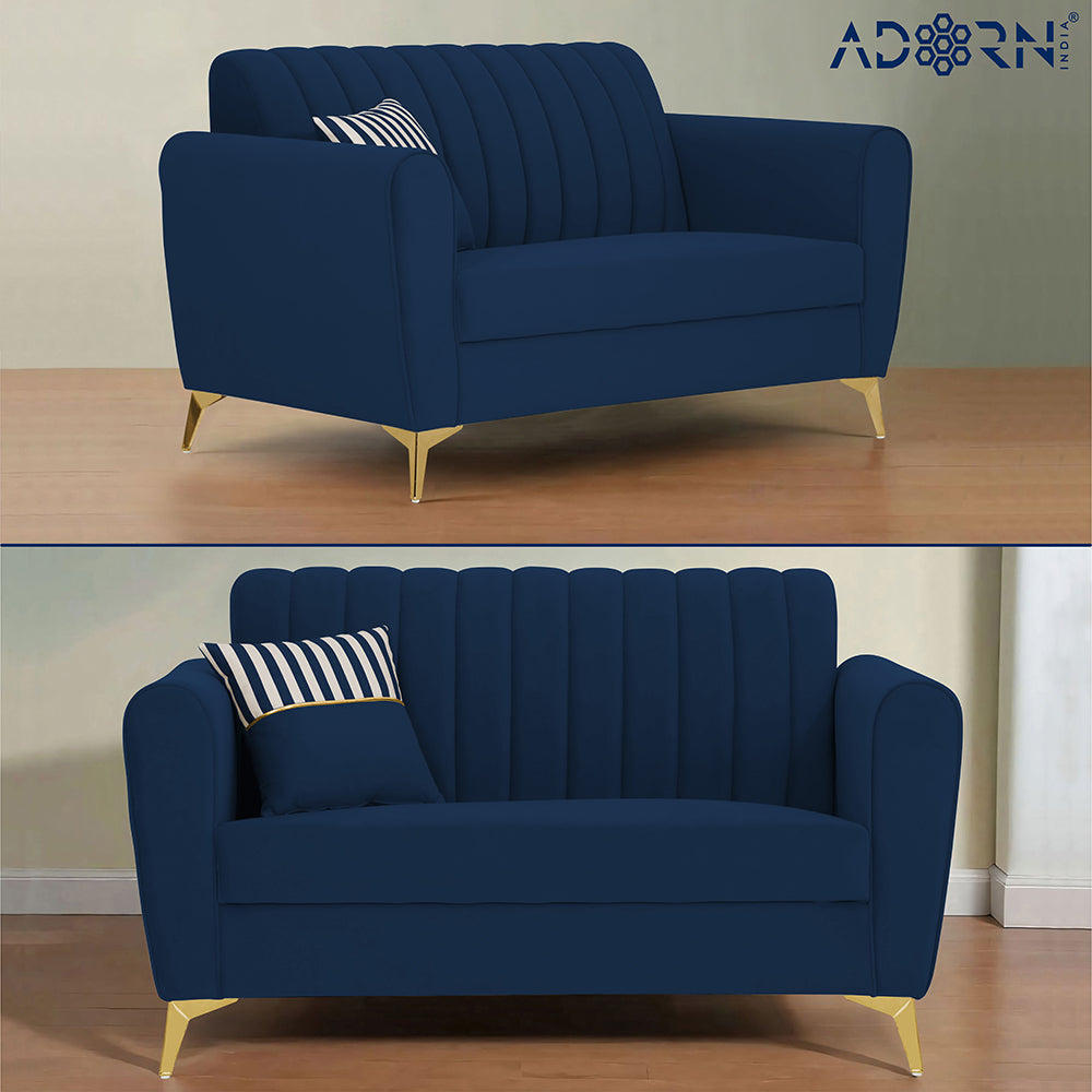 Adorn India Premium Luster 3+2 Sofa Set | Velvet Suede Fabric | 3-Year Warranty | Color Blue with Golden Legs & Striped Pattern Cushion
