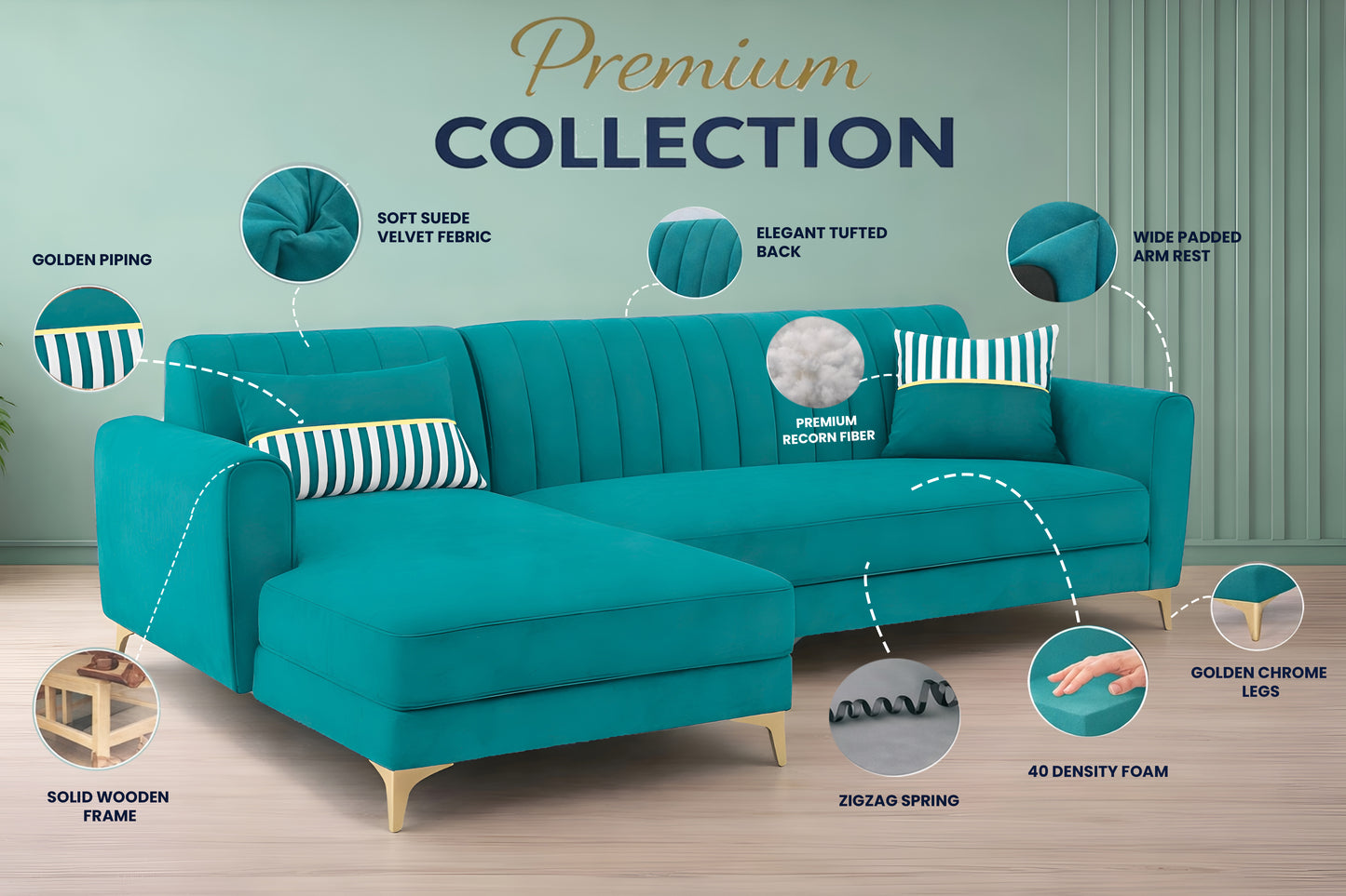 Adorn India Premium Luster 6 Seater L Shape Sofa Set | Velvet Suede Fabric | 3-Year Warranty | LHS |Color Aqua Blue with Golden Legs & Striped Pattern Cushion