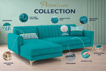 Adorn India Premium Luster 6 Seater L Shape Sofa Set | Velvet Suede Fabric | 3-Year Warranty | LHS |Color Aqua Blue with Golden Legs & Striped Pattern Cushion