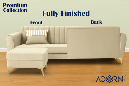 Adorn India Premium Luster 4 Seater L Shape Sofa Set | Velvet Suede Fabric | 3-Year Warranty | Color Beige with Golden Legs & Striped Pattern Cushion