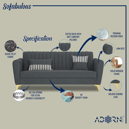 Adorn India Premium Luster 3 Seater | Velvet Suede Fabric | 3-Year Warranty | Color Dark Grey with Golden Legs & Striped Pattern Cushion