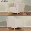 Adorn India Premium Luster 3-1-1 Sofa Set | Velvet Suede Fabric | 3-Year Warranty | Color Cream with Golden Legs & Striped Pattern Cushion