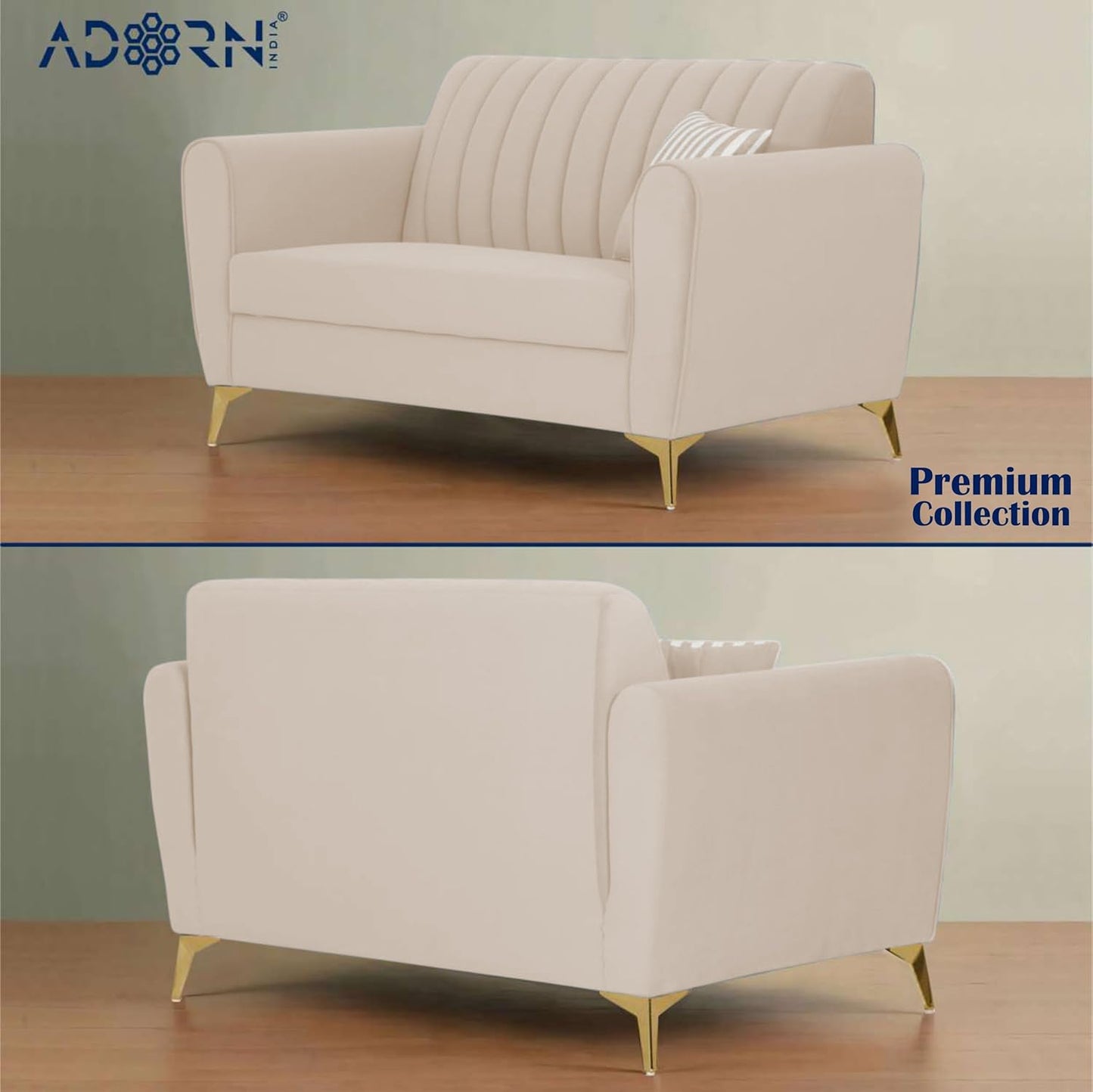 Adorn India Premium Luster 3-2-1 Sofa Set | Velvet Suede Fabric | 3-Year Warranty | Color Cream with Golden Legs & Striped Pattern Cushion