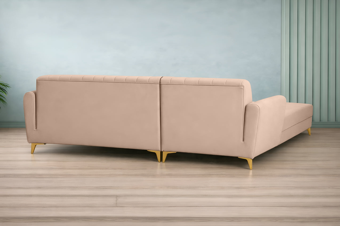 Adorn India Premium Luster 6 Seater L Shape Sofa Set | Velvet Suede Fabric | 3-Year Warranty | LHS |Color Beige with Golden Legs & Striped Pattern Cushion