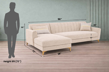 Adorn India Premium Luster 6 Seater L Shape Sofa Set | Velvet Suede Fabric | 3-Year Warranty | LHS |Color Cream with Golden Legs & Striped Pattern Cushion