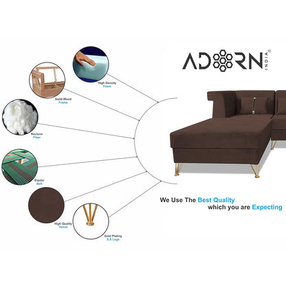 Adorn India Premium Raygan L Shape 6 Seater Sofa Set Left Side (Velvet Fabric Colour Brown)