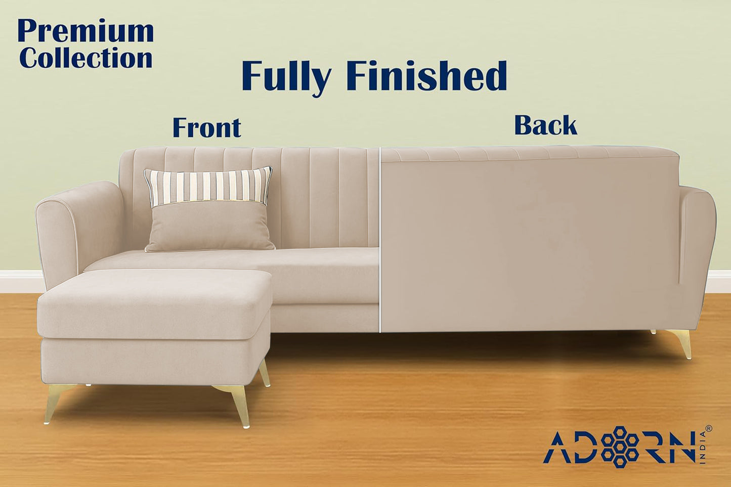 Adorn India Premium Luster 4 Seater L Shape Sofa Set | Velvet Suede Fabric | 3-Year Warranty | Color Cream with Golden Legs & Striped Pattern Cushion