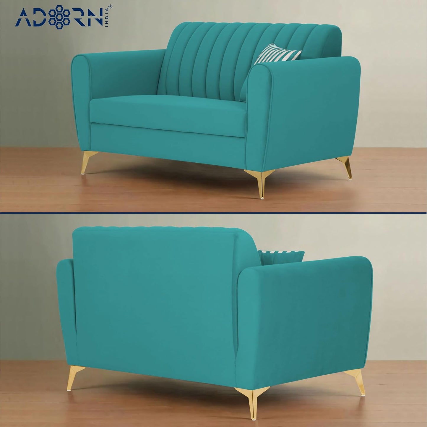 Adorn India Premium Luster 3-2 Sofa Set | Velvet Suede Fabric | 3-Year Warranty | Color Aqua Blue with Golden Legs & Striped Pattern Cushion (Copy)