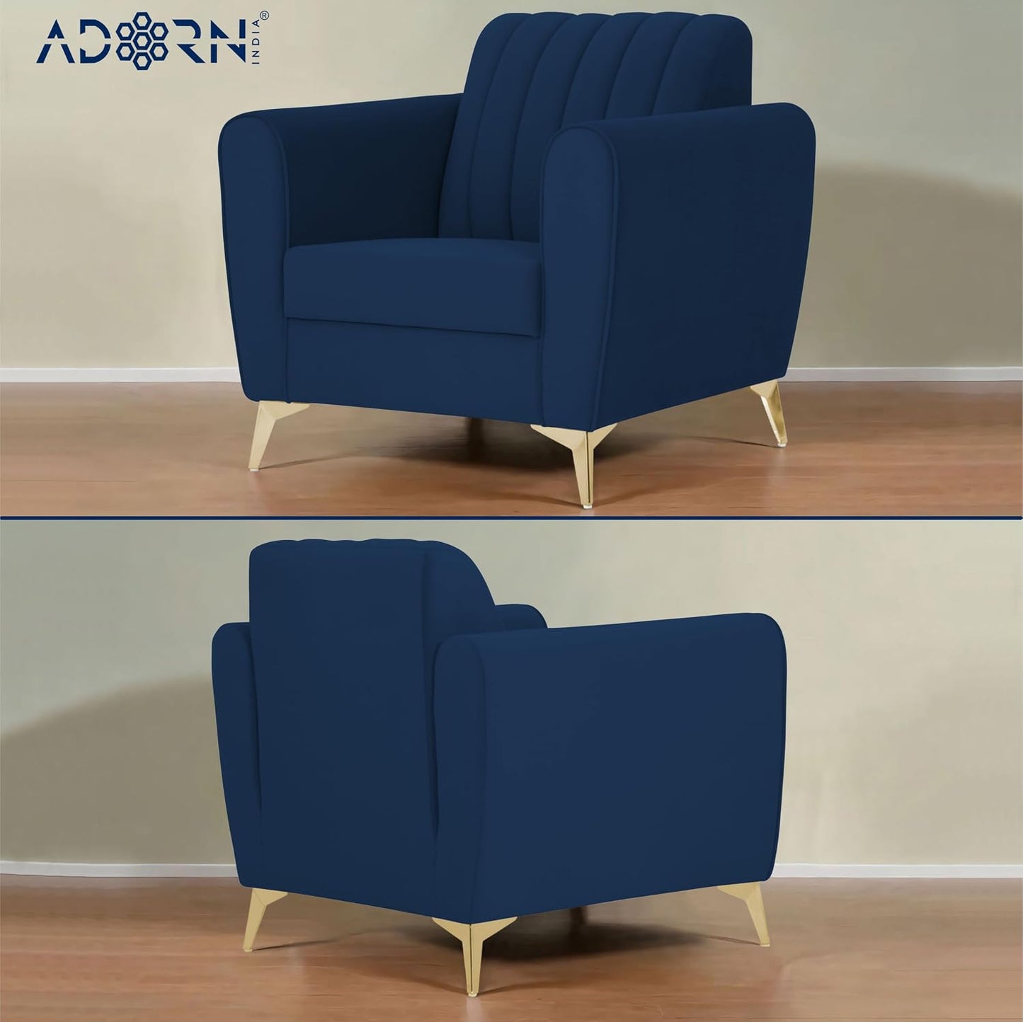 Adorn India Premium Luster 3-1-1 Sofa Set | Velvet Suede Fabric | 3-Year Warranty | Color Blue with Golden Legs & Striped Pattern Cushion