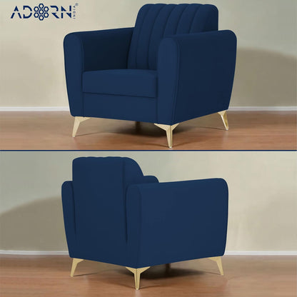 Adorn India Premium Luster 3-1-1 Sofa Set | Velvet Suede Fabric | 3-Year Warranty | Color Blue with Golden Legs & Striped Pattern Cushion