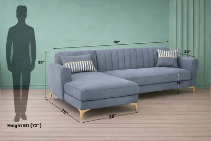 Adorn India Premium Luster 6 Seater L Shape Sofa Set | Velvet Suede Fabric | 3-Year Warranty | LHS |Color Grey with Golden Legs & Striped Pattern Cushion