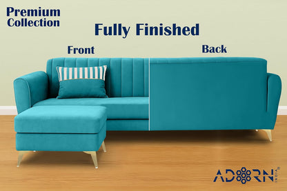 Adorn India Premium Luster 4 Seater L Shape Sofa Set | Velvet Suede Fabric | 3-Year Warranty | Color Aqua Blue with Golden Legs & Striped Pattern Cushion