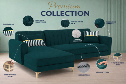 Adorn India Premium Luster 6 Seater L Shape Sofa Set | Velvet Suede Fabric | 3-Year Warranty | LHS |Color Ocean Blue with Golden Legs & Striped Pattern Cushion