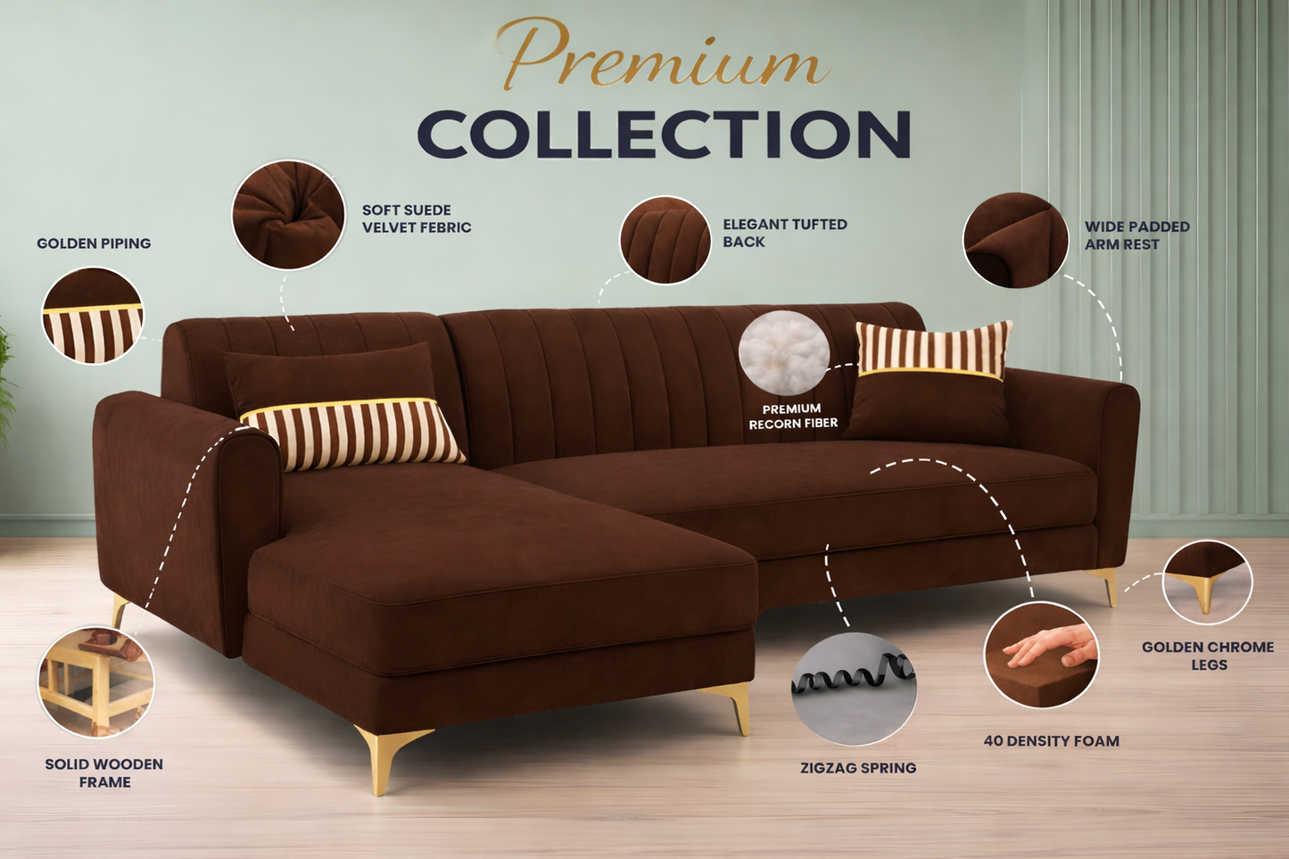 Adorn India Premium Luster 6 Seater L Shape Sofa Set | Velvet Suede Fabric | 3-Year Warranty | LHS |Color Brown with Golden Legs & Striped Pattern Cushion