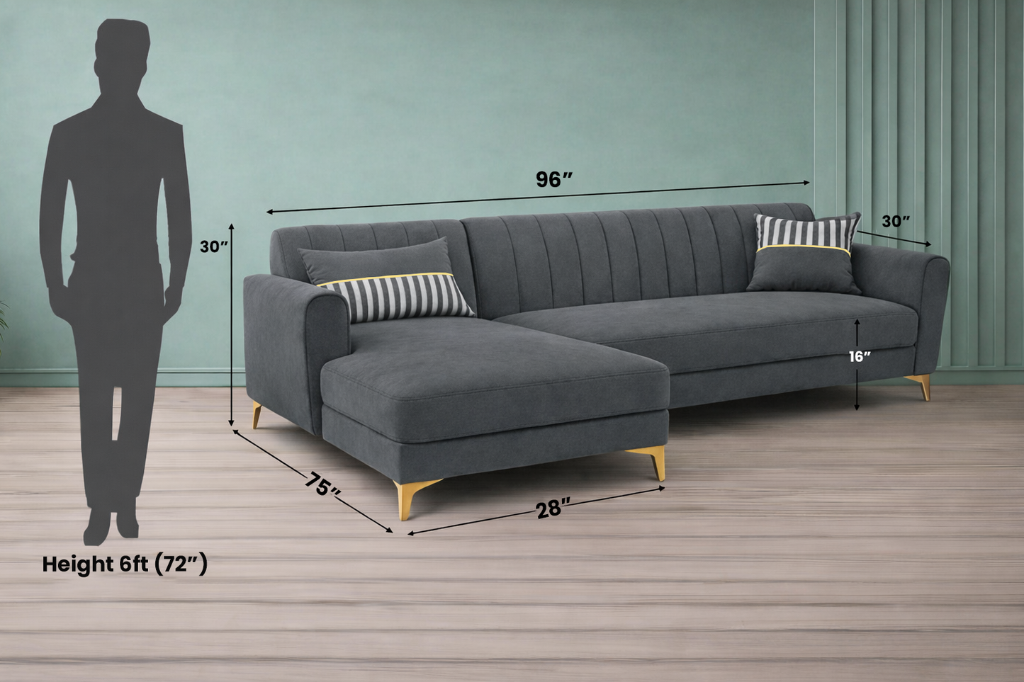 Adorn India Premium Luster 6 Seater L Shape Sofa Set | Velvet Suede Fabric | 3-Year Warranty | LHS |Color Dark Grey with Golden Legs & Striped Pattern Cushion
