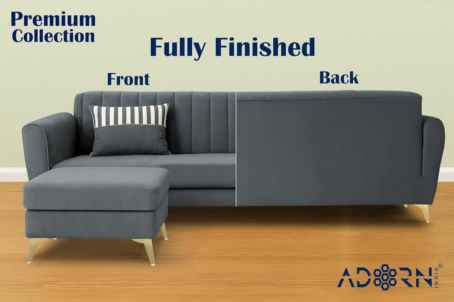 Adorn India Premium Luster 4 Seater L Shape Sofa Set | Velvet Suede Fabric | 3-Year Warranty | Color Dark Grey with Golden Legs & Striped Pattern Cushion