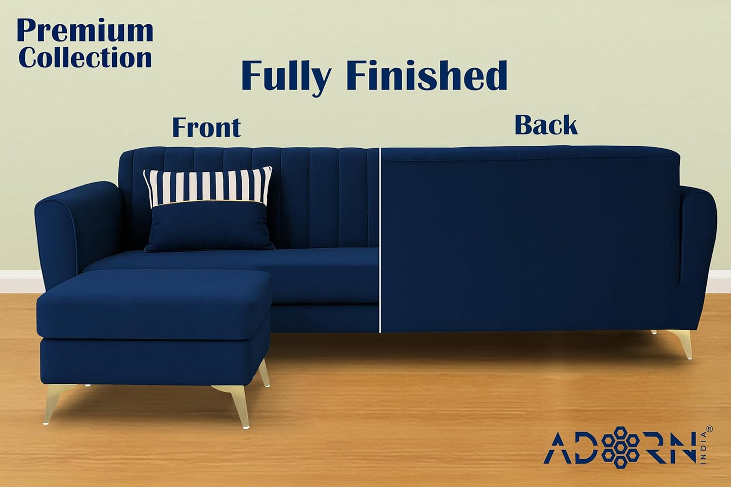 Adorn India Premium Luster 4 Seater L Shape Sofa Set | Velvet Suede Fabric | 3-Year Warranty | Color Blue with Golden Legs & Striped Pattern Cushion