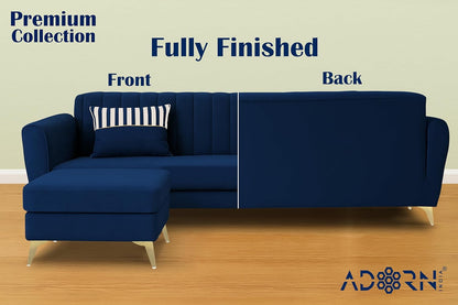 Adorn India Premium Luster 4 Seater L Shape Sofa Set | Velvet Suede Fabric | 3-Year Warranty | Color Blue with Golden Legs & Striped Pattern Cushion