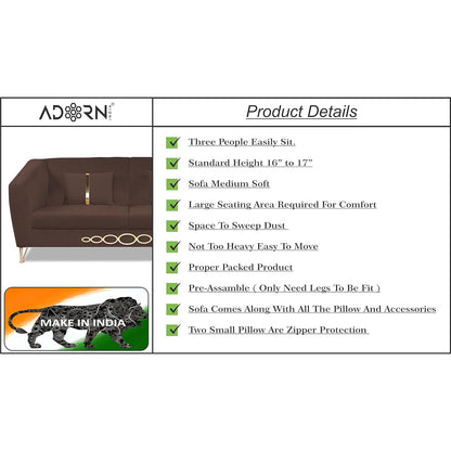 Adorn India Premium Camilla 3 Seater Sofa (Velvet Fabric Colour Brown)