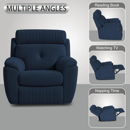 Adorn India Premium Majestic 1 Seater Recliner Manual Sofa Chair | Blue Suede Velvet Fabric | Soft Padded Back Rest & Handrest | Living Room Recliner Chair | 3 Years Warranty
