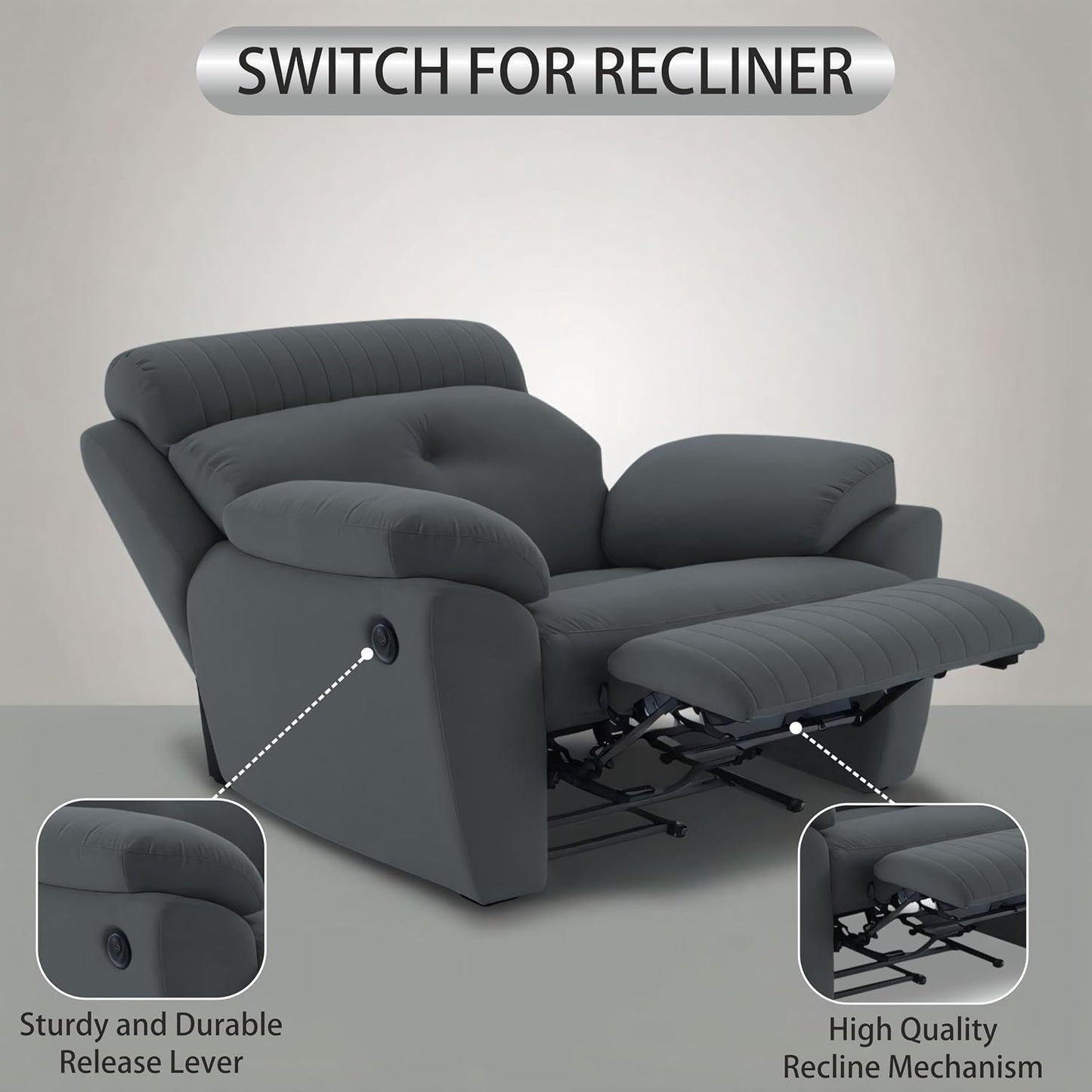 Adorn India Premium Majestic 1 Seater Recliner Manual Sofa Chair | Dark Grey Suede Velvet Fabric | Soft Padded Back Rest & Handrest | Living Room Recliner Chair | 3 Years Warranty