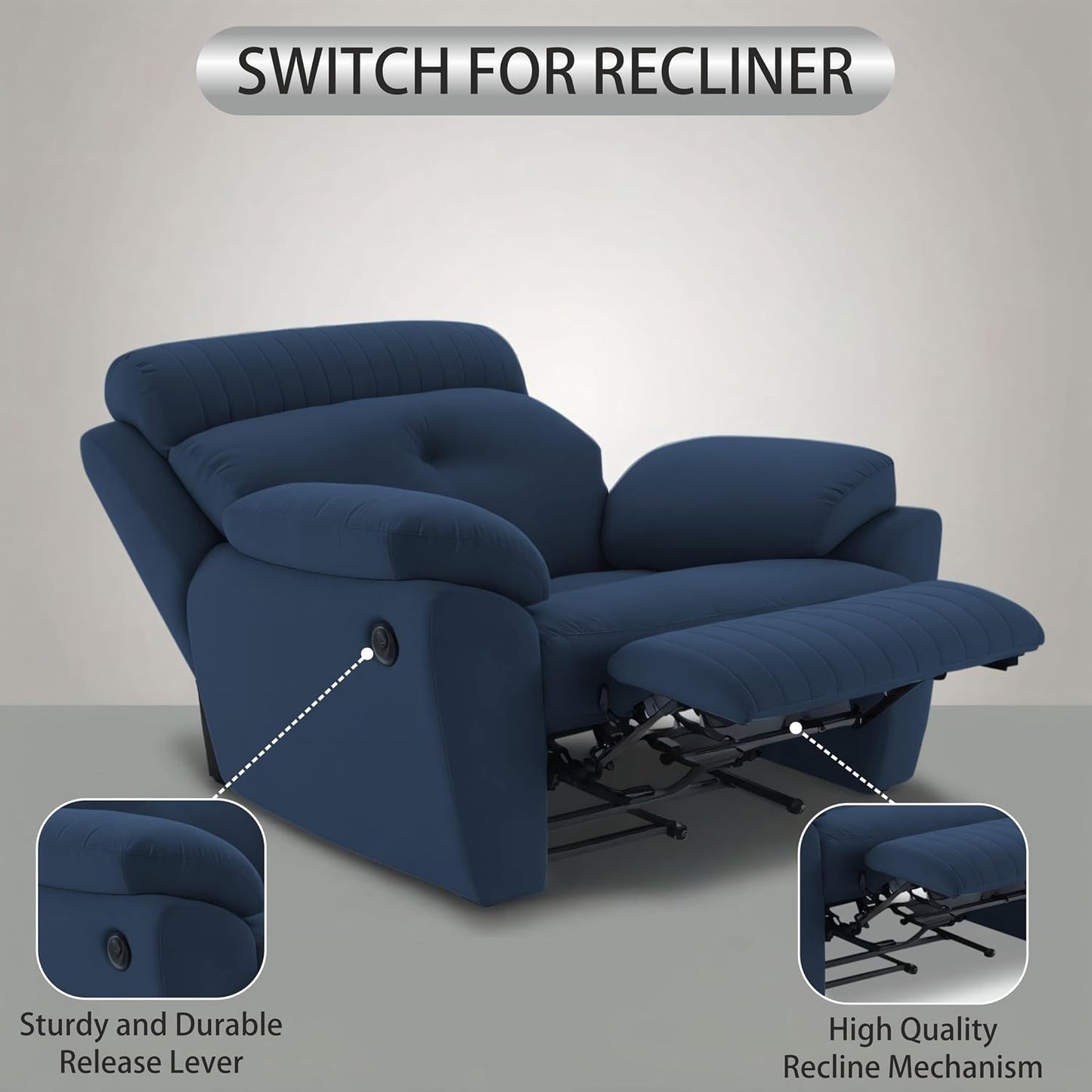 Adorn India Premium Majestic 1 Seater Recliner Manual Sofa Chair | Blue Suede Velvet Fabric | Soft Padded Back Rest & Handrest | Living Room Recliner Chair | 3 Years Warranty