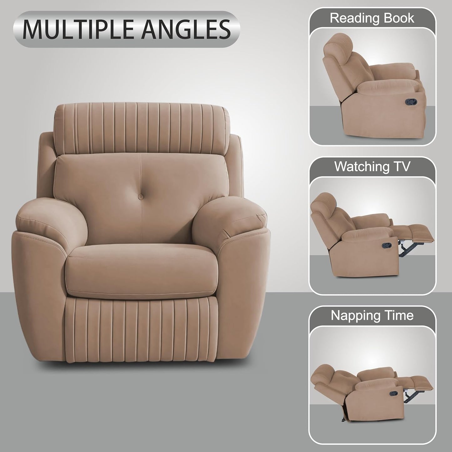 Adorn India Premium Majestic 1 Seater Recliner Manual Sofa Chair | Beige Suede Velvet Fabric | Soft Padded Back Rest & Handrest | Living Room Recliner Chair | 3 Years Warranty