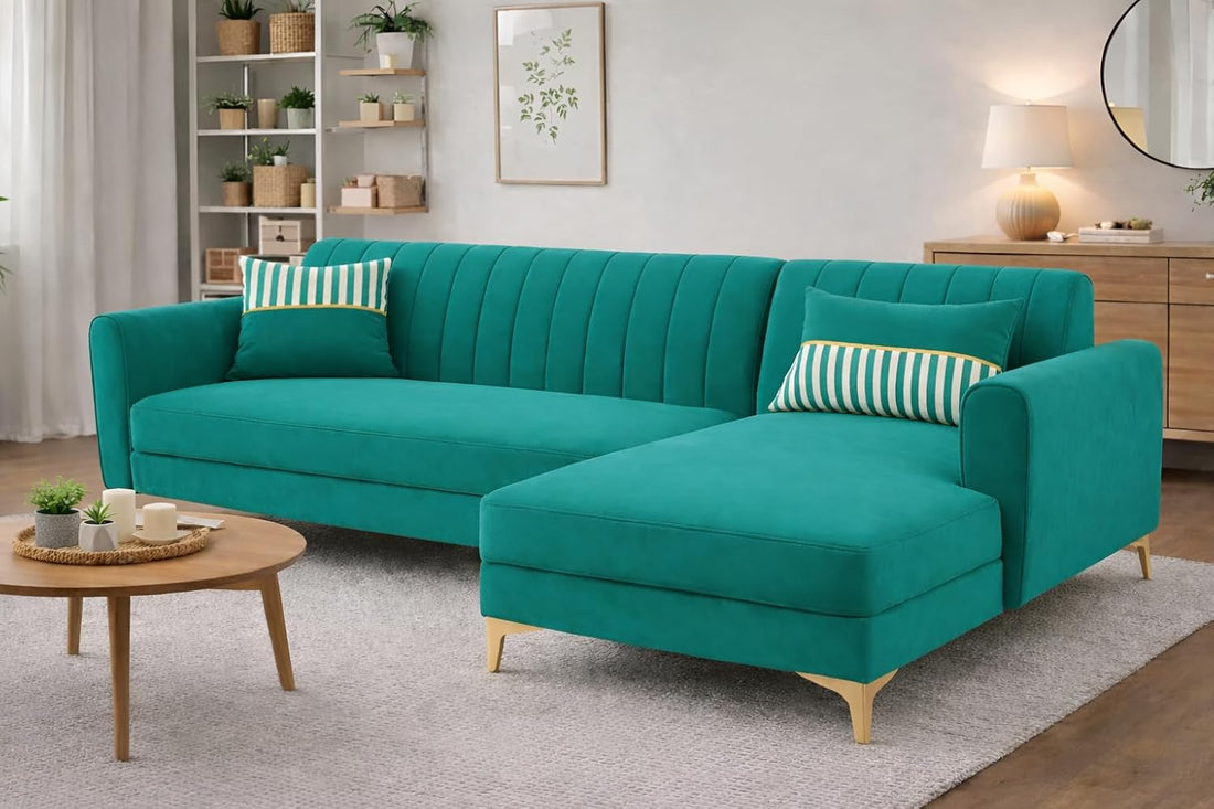 Adorn India Premium Luster 6 Seater L Shape Sofa Set | Velvet Suede Fabric | 3-Year Warranty | RHS |Color Aqua Blue with Golden Legs & Striped Pattern Cushion